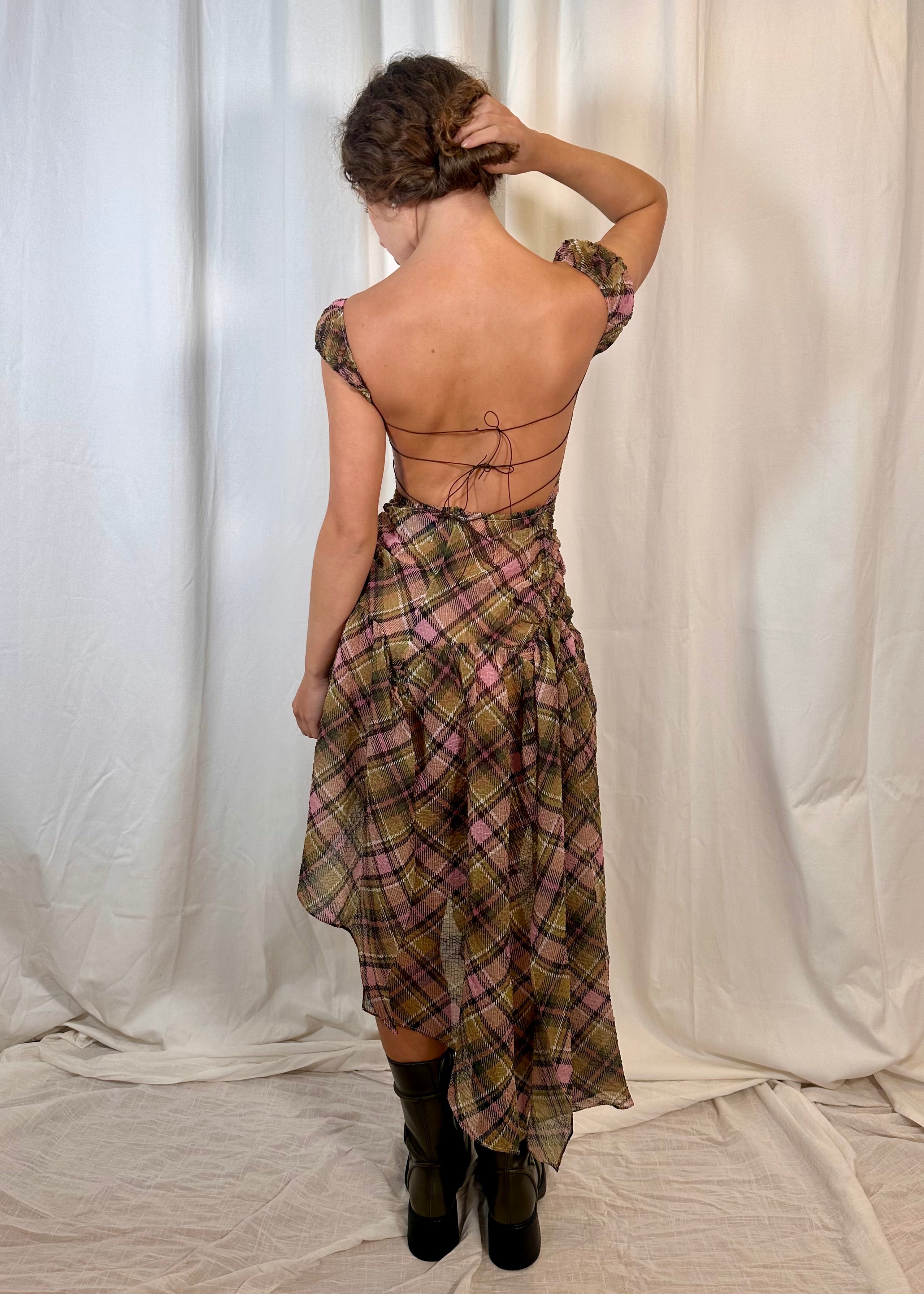 Plaid Puff Chiffon Asymmetrical Dress Smooky