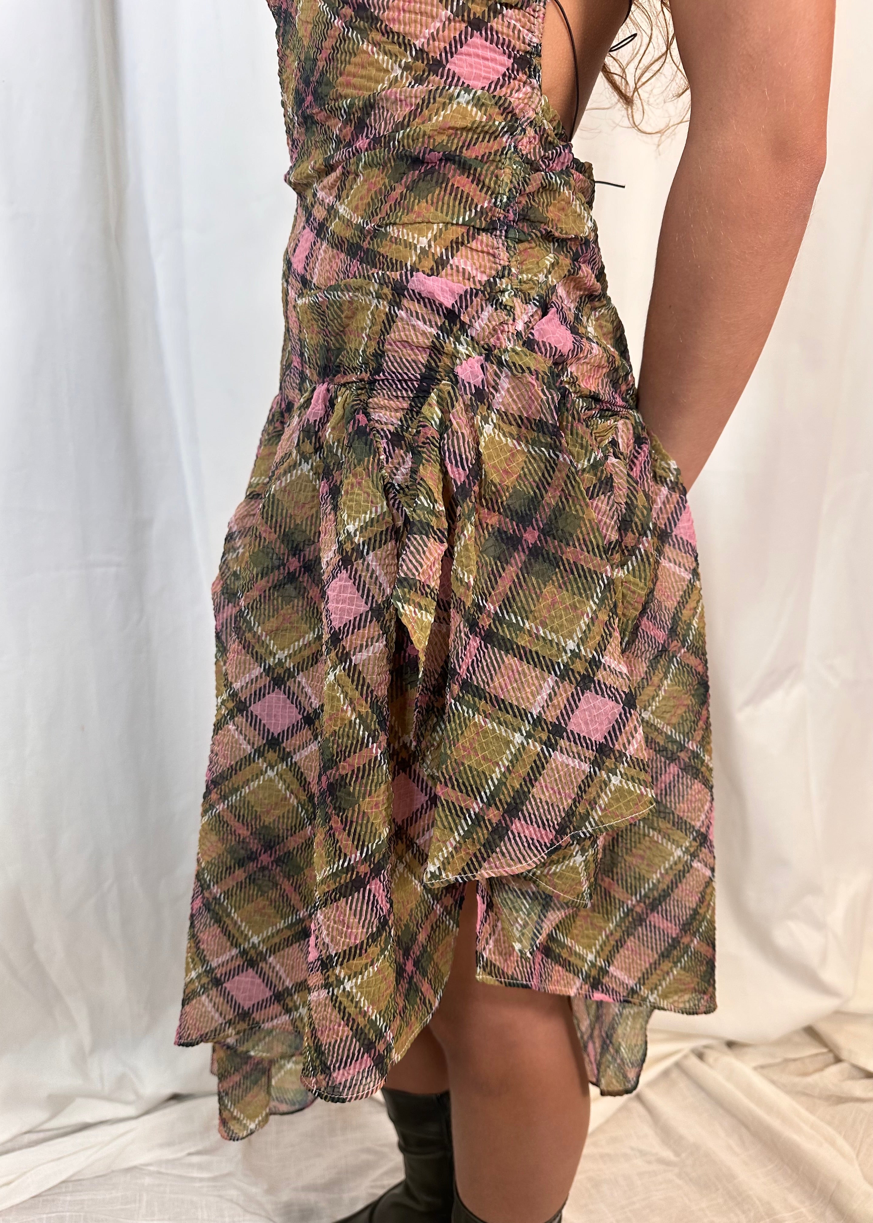 Plaid Puff Chiffon Asymmetrical Dress Smooky