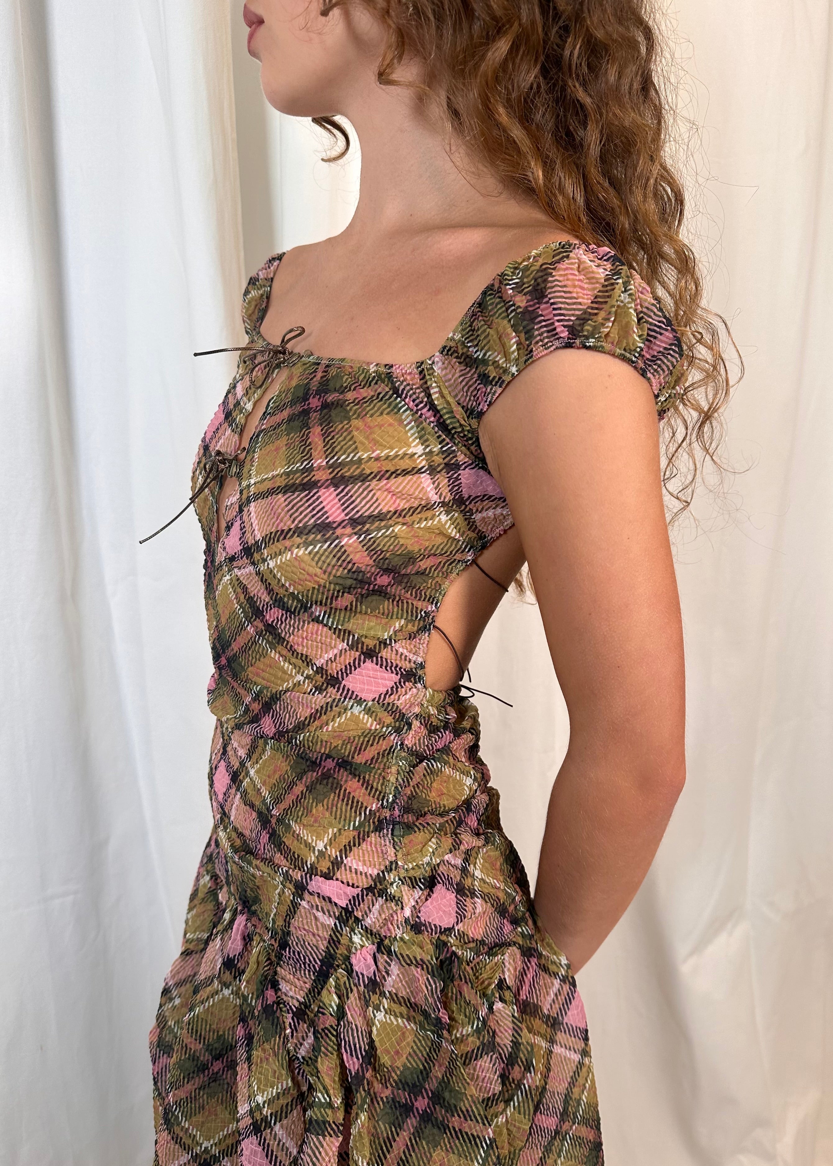 Plaid Puff Chiffon Asymmetrical Dress Smooky
