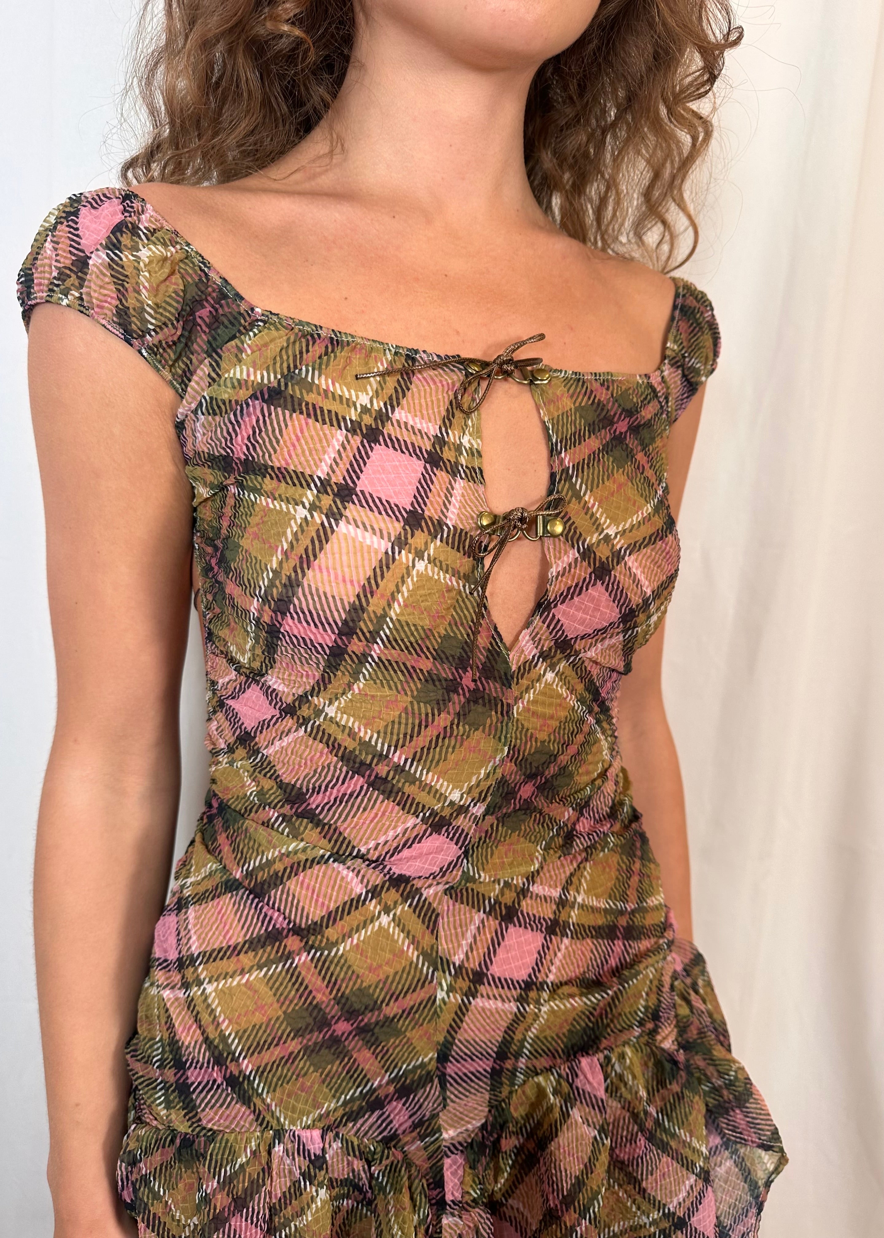 Plaid Puff Chiffon Asymmetrical Dress Smooky