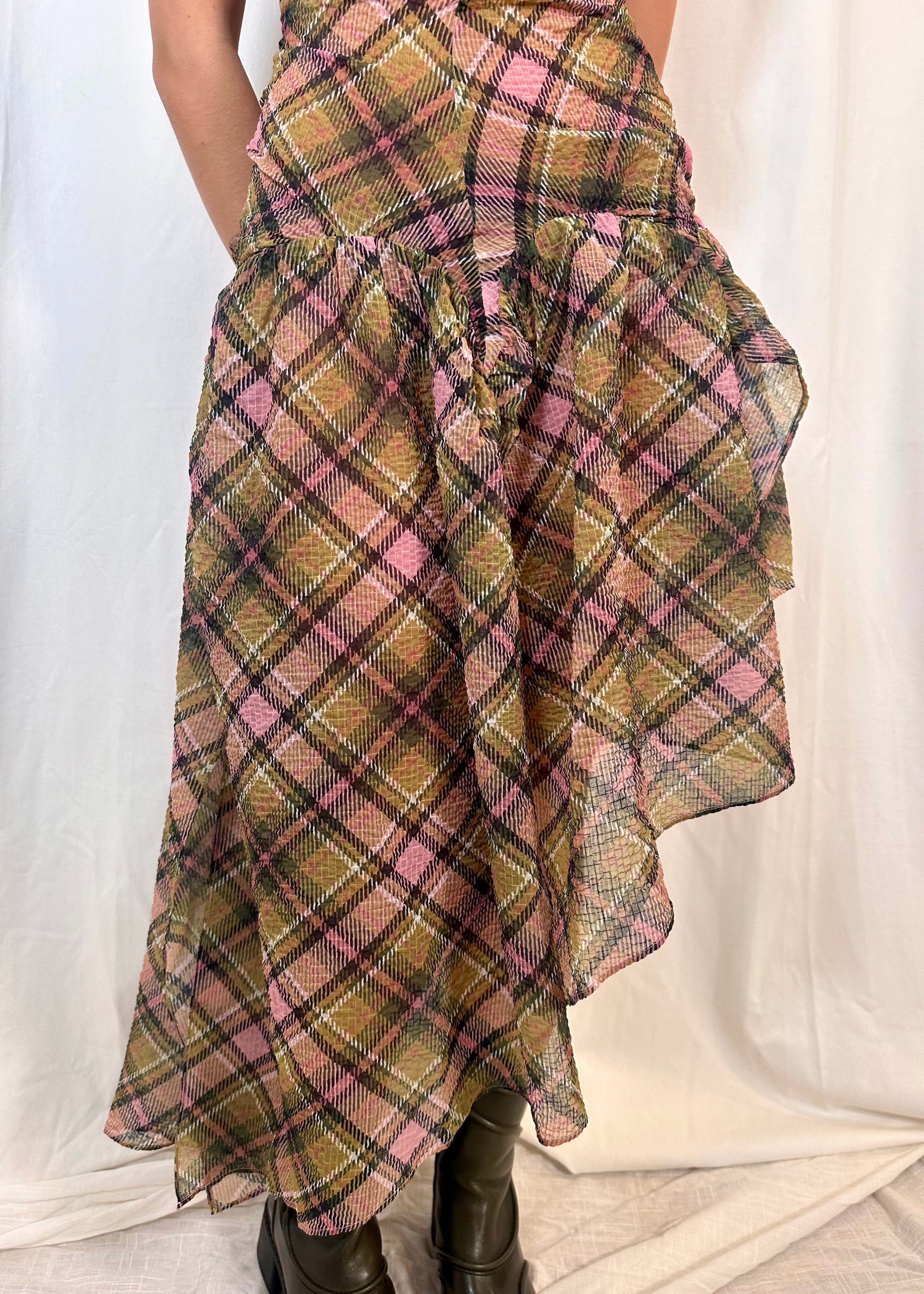 Plaid Puff Chiffon Asymmetrical Dress Smooky