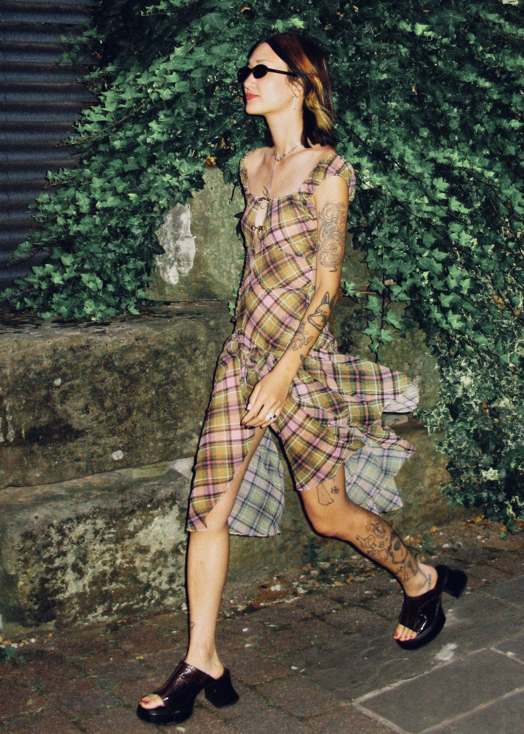 Plaid Puff Chiffon Asymmetrical Dress Smooky