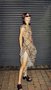 Plaid Puff Chiffon Asymmetrical Dress Smooky