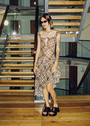 Plaid Puff Chiffon Asymmetrical Dress Smooky