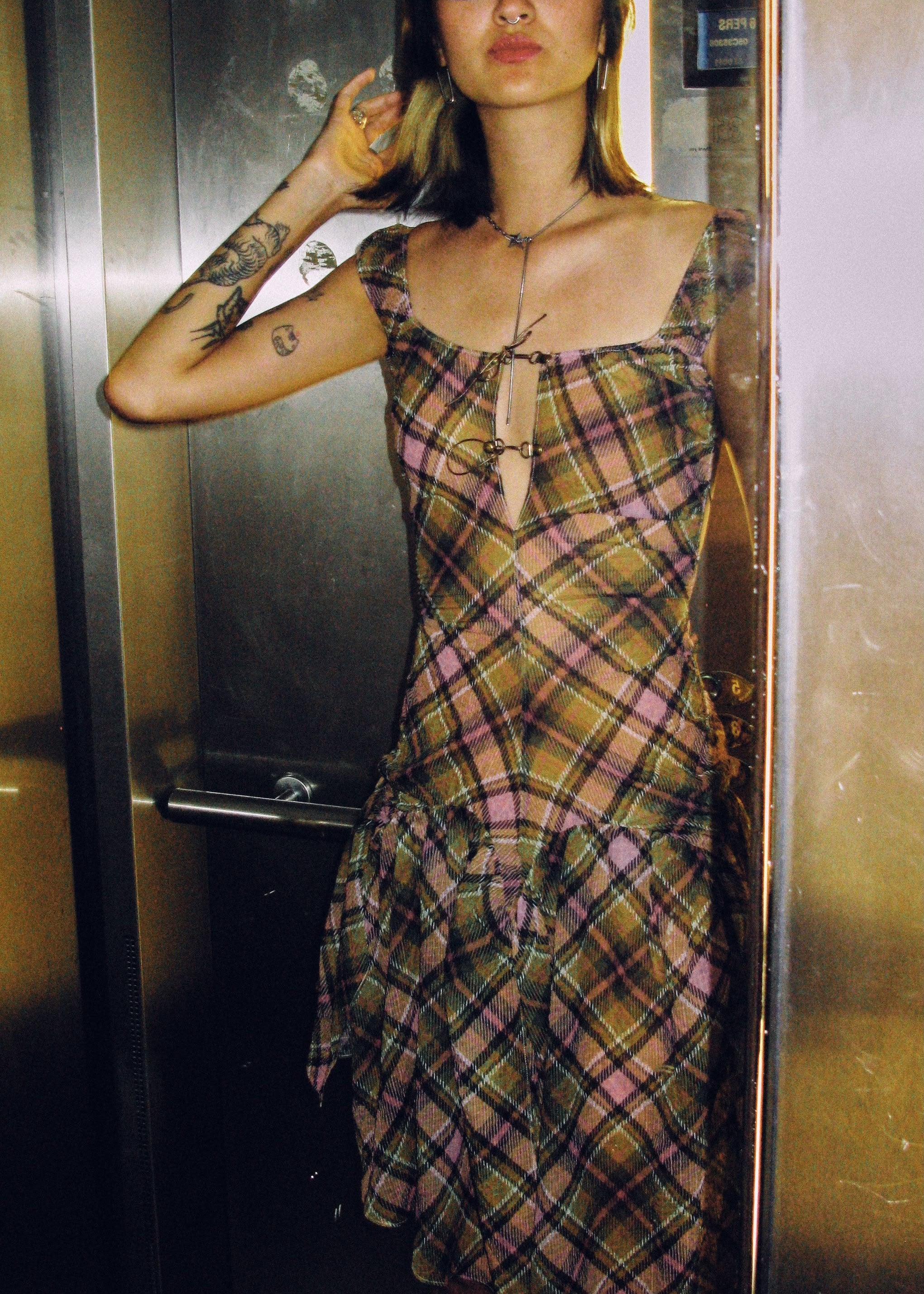 Plaid Puff Chiffon Asymmetrical Dress Smooky