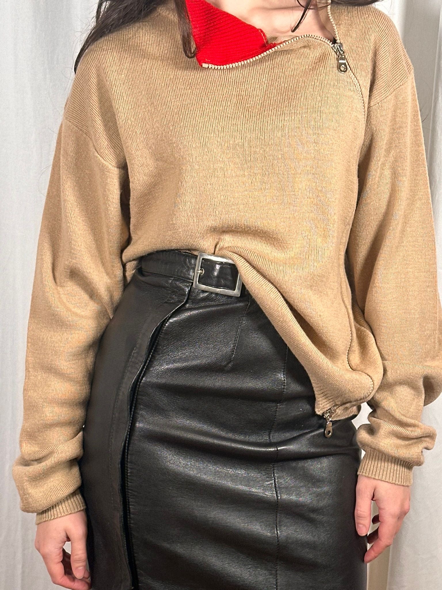 Black Leather Belted Midi Skirt