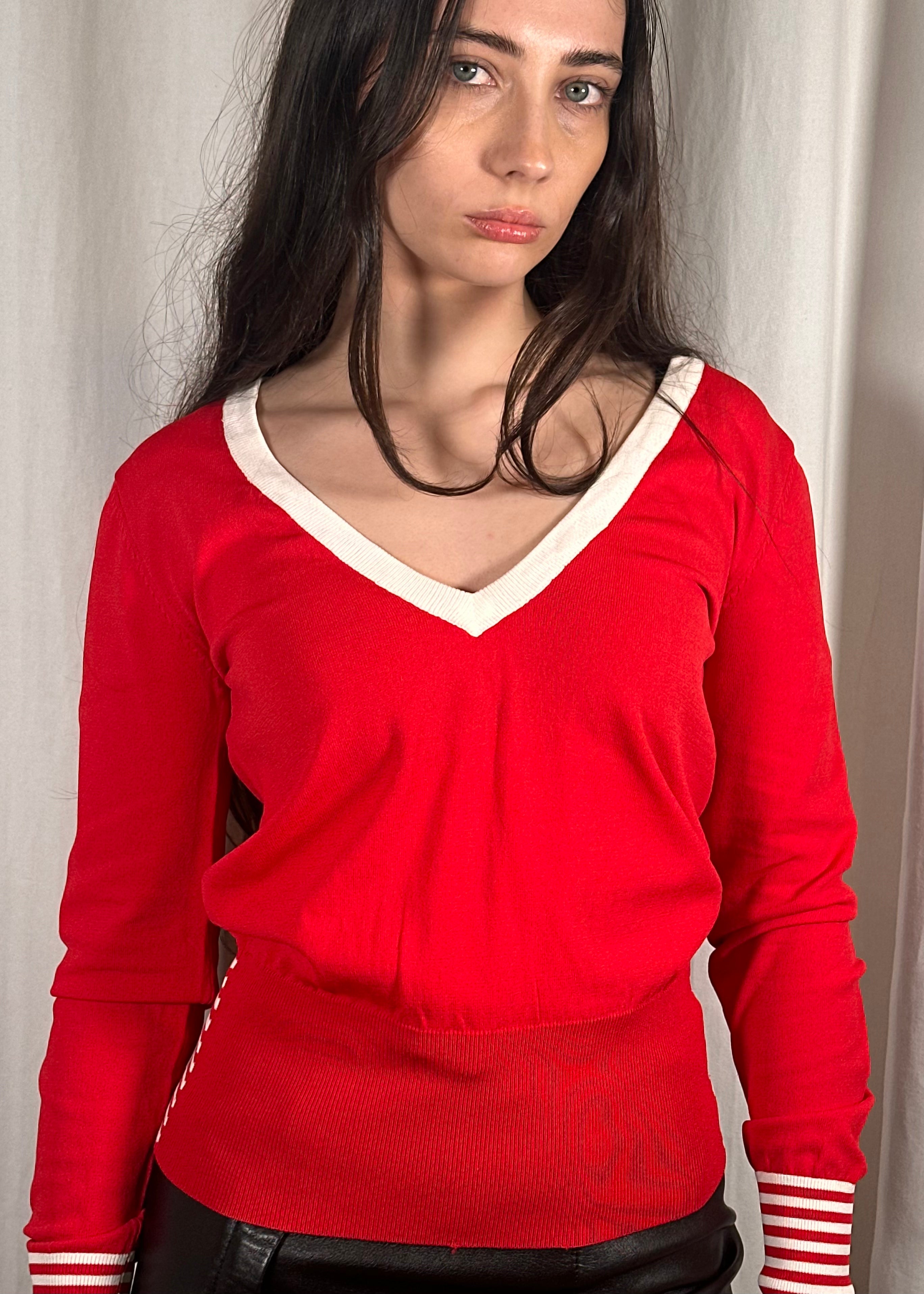 Red V Neck Stripe Jumper