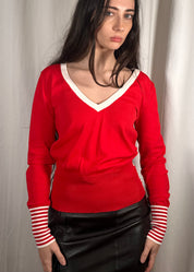 Red V Neck Stripe Jumper