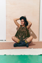 Thrills Top Bronze Metallic Applique