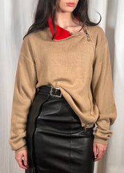 Beige and Red Asymmetric Zip Jumper