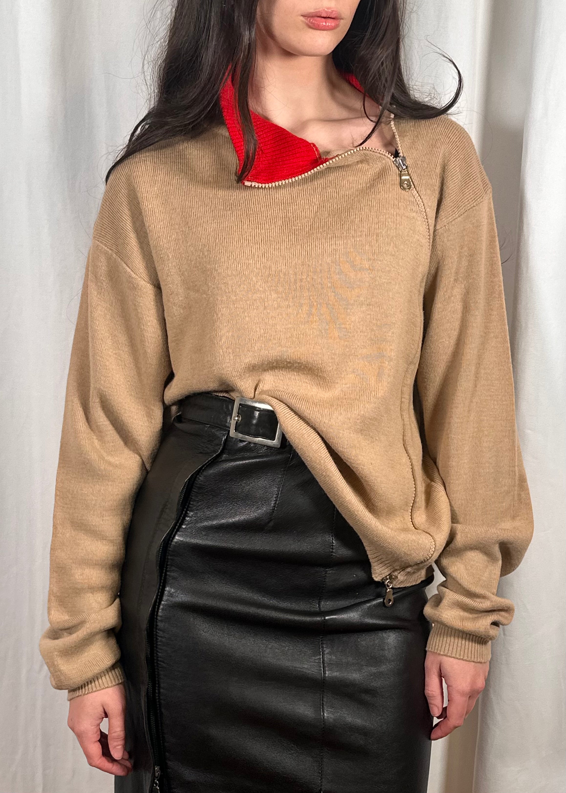 Beige and Red Asymmetric Zip Jumper