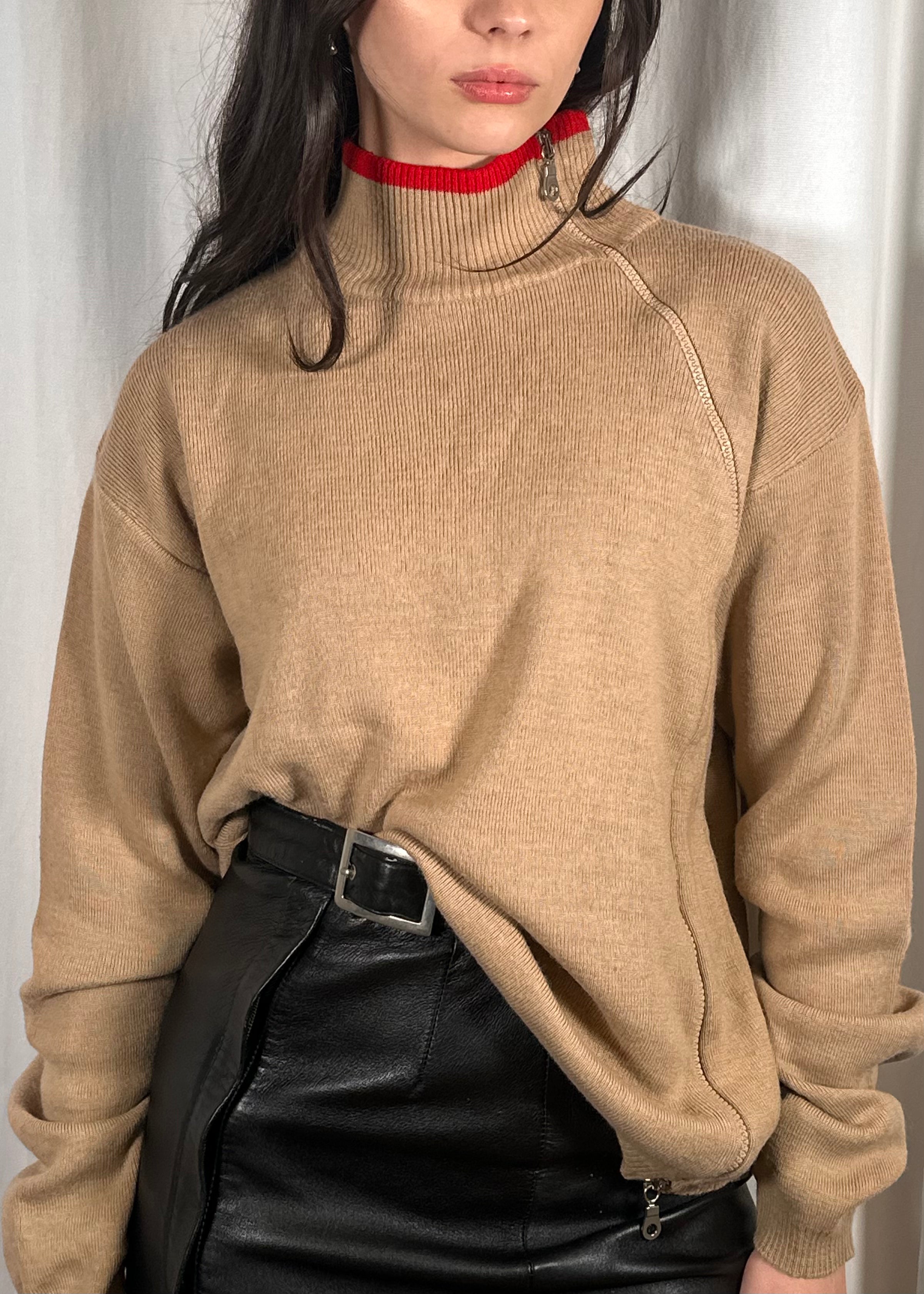 Beige and Red Asymmetric Zip Jumper