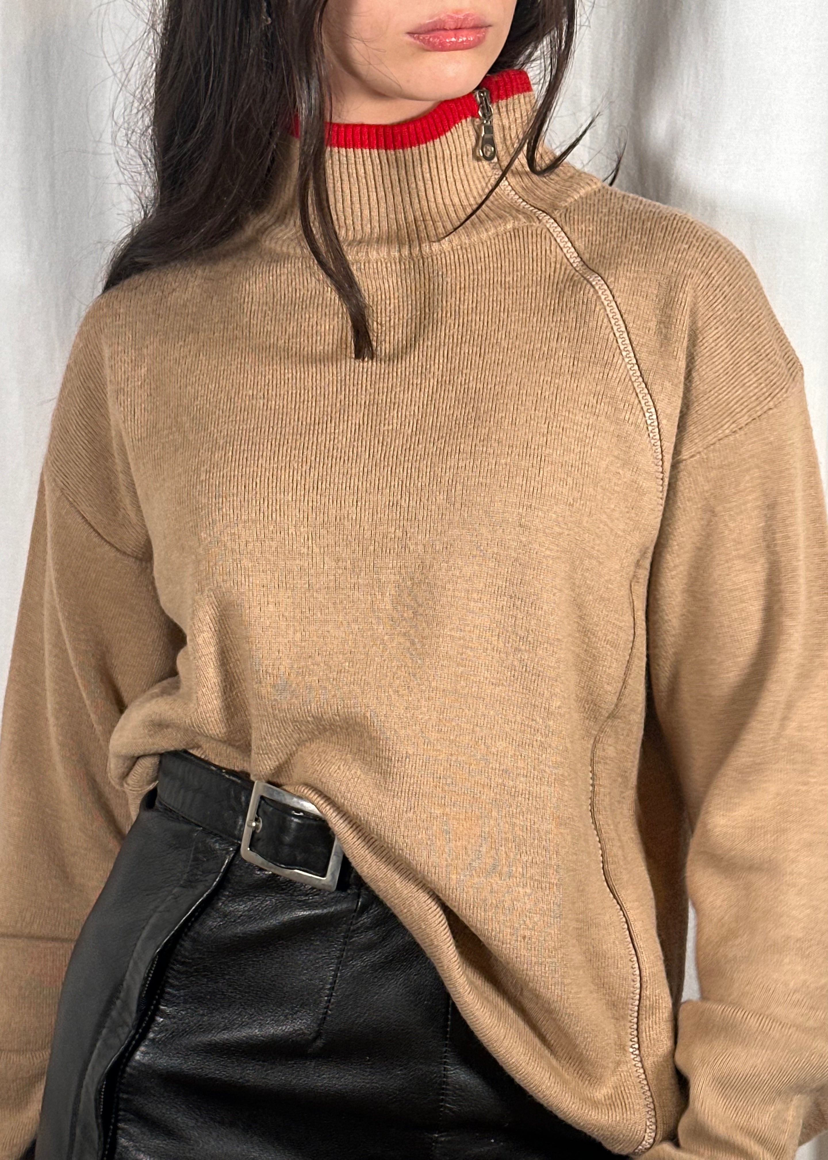 Beige and Red Asymmetric Zip Jumper