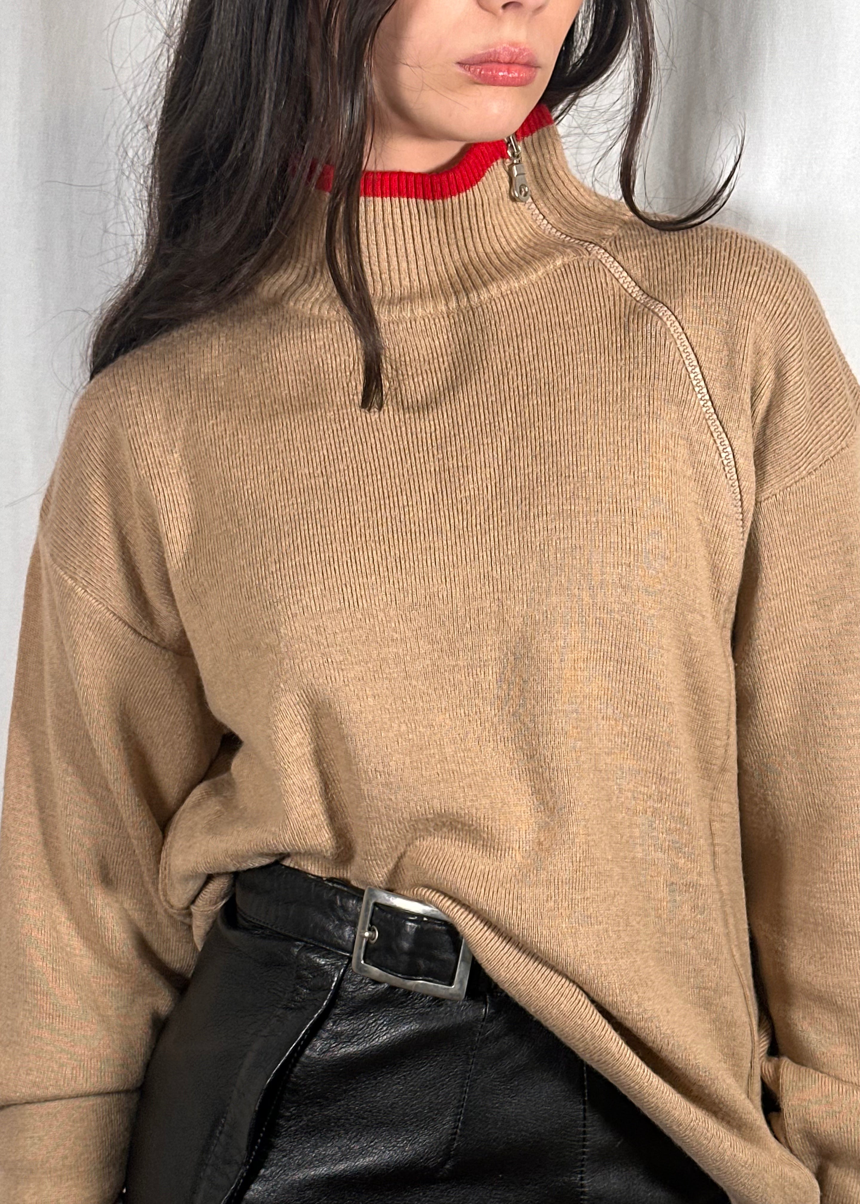 Beige and Red Asymmetric Zip Jumper