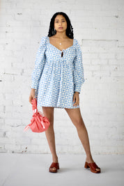 Lena Babydoll Mini Dress in Blue Daisy Check (5003560648790)