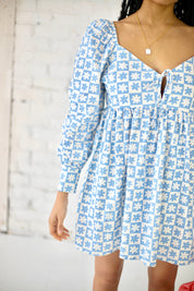Lena Babydoll Mini Dress in Blue Daisy Check (5003560648790)