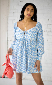 Lena Babydoll Mini Dress in Blue Daisy Check (5003560648790)