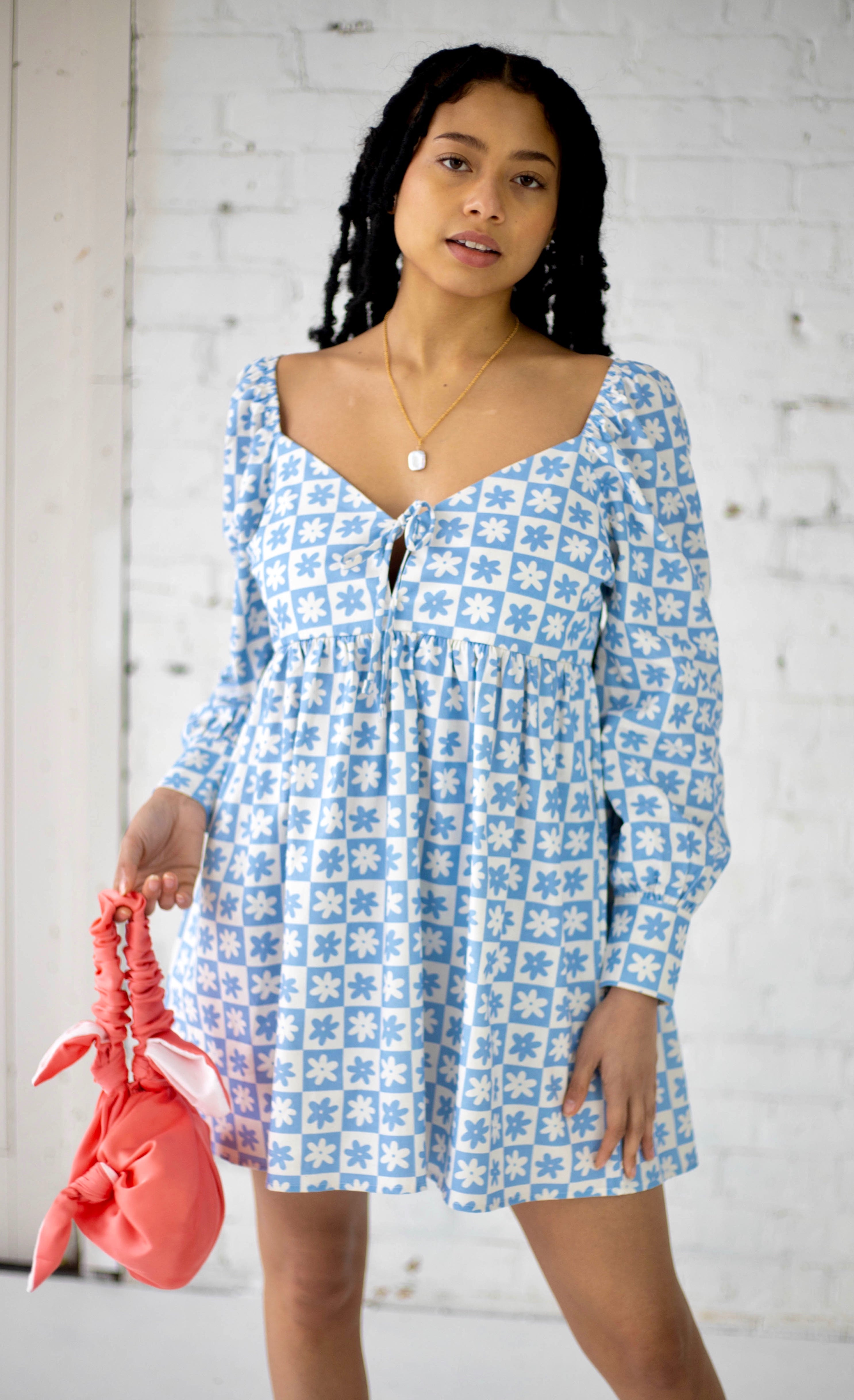 Lena Babydoll Mini Dress in Blue Daisy Check (5003560648790)