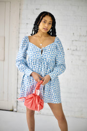 Lena Babydoll Mini Dress in Blue Daisy Check (5003560648790)