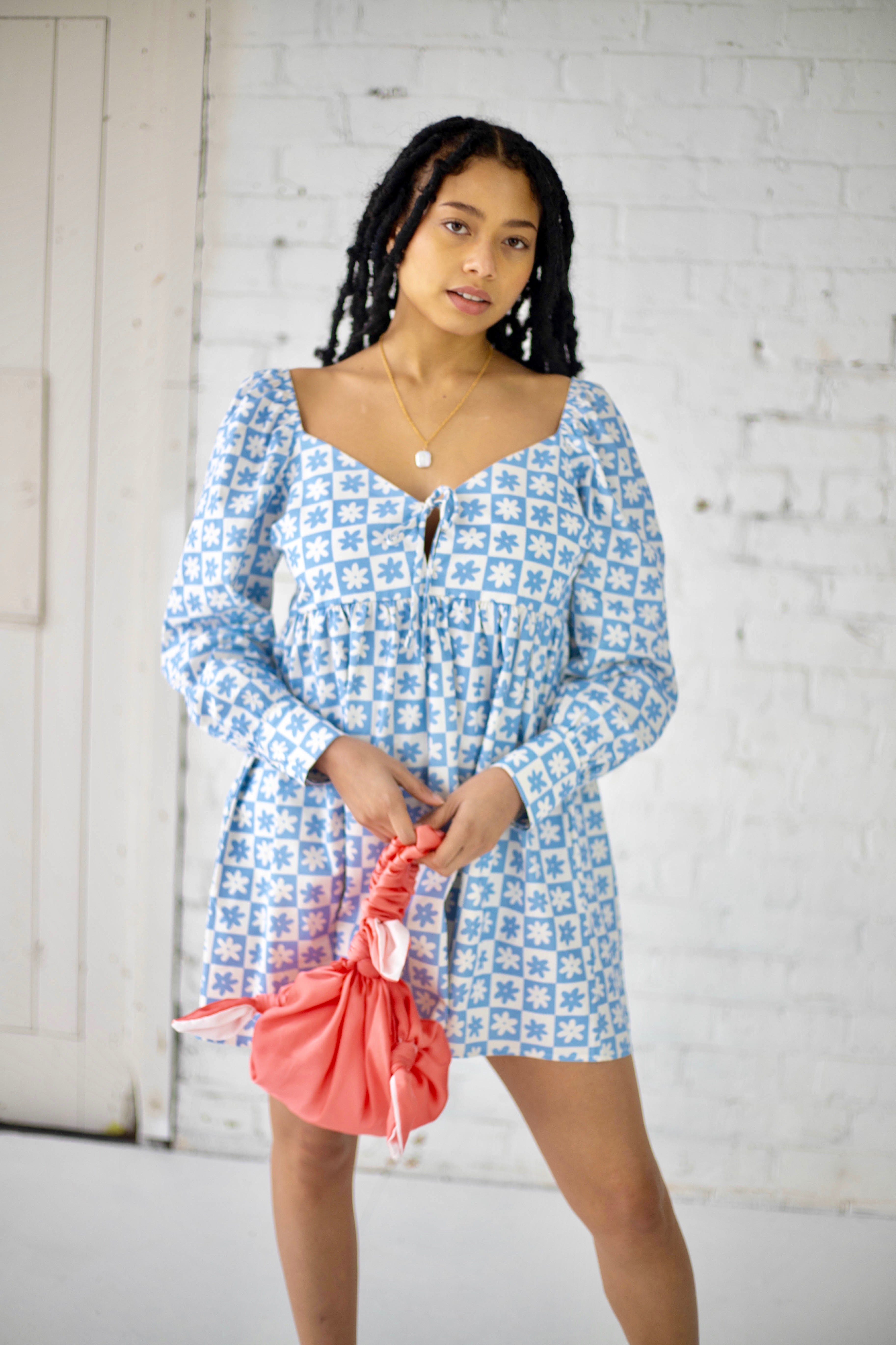 Lena Babydoll Mini Dress in Blue Daisy Check (5003560648790)